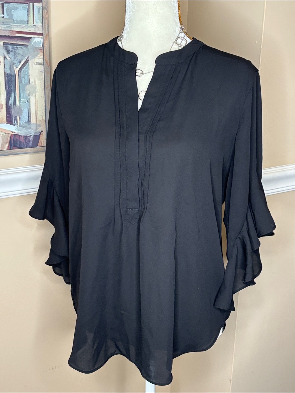 Vince Camuto Black Ruffle-Sleeve Split-Neck Blouse